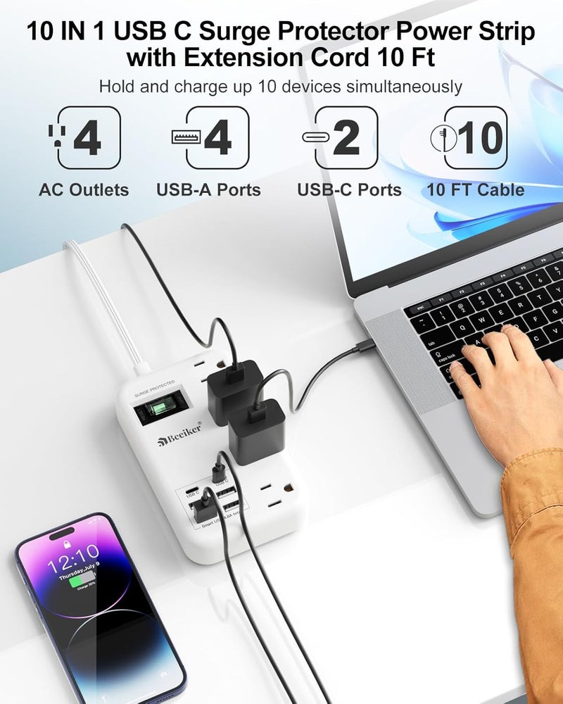 Beeiker 6 USB(2 USB C) Surge Protector Power Strip- 10 Ft Extension Cord with 24W USB Charging Station and 4 Outlets, Long Flat Extension Cord with Multiple Outlets for Travel Home Office Dorm White - Image 4